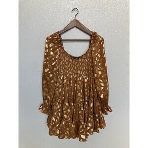 NWOT AEOM Foil Leaf Smocked Peasant Brown Mini Dress sz S tiered boho cottage